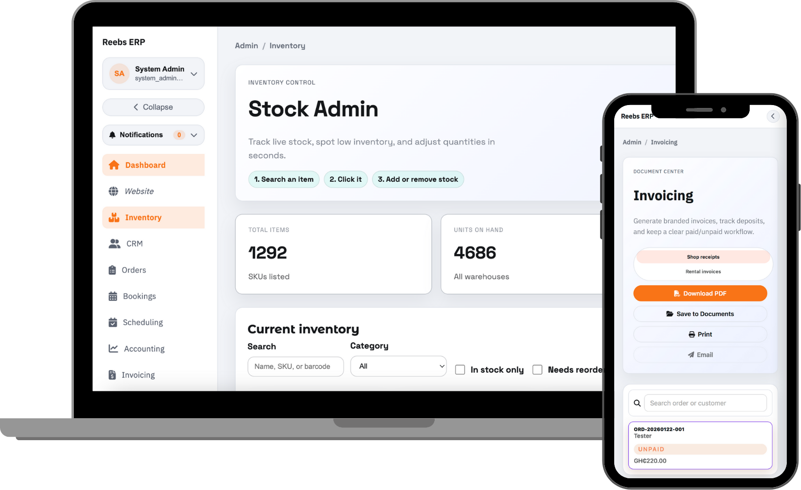 Business dashboard with local integrations
